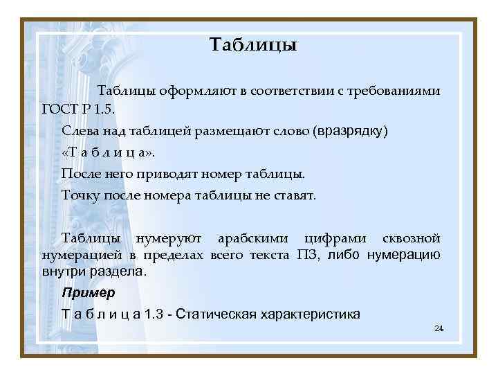 Таблицы оформляют в соответствии с требованиями ГОСТ Р 1. 5. Слева над таблицей размещают