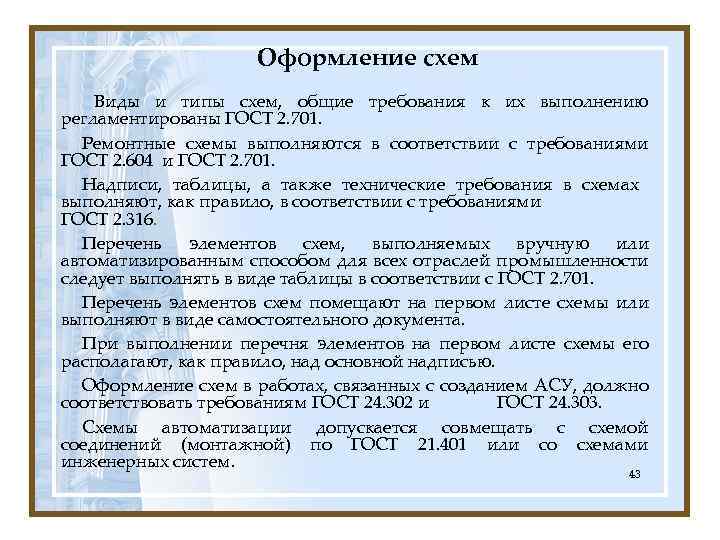 Оформление схем Виды и типы схем, общие требования к их выполнению регламентированы ГОСТ 2.