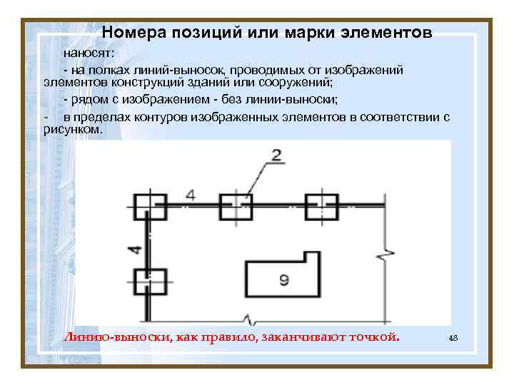 Номера позиций или марки элементов наносят: - на полках линий-выносок, проводимых от изображений элементов