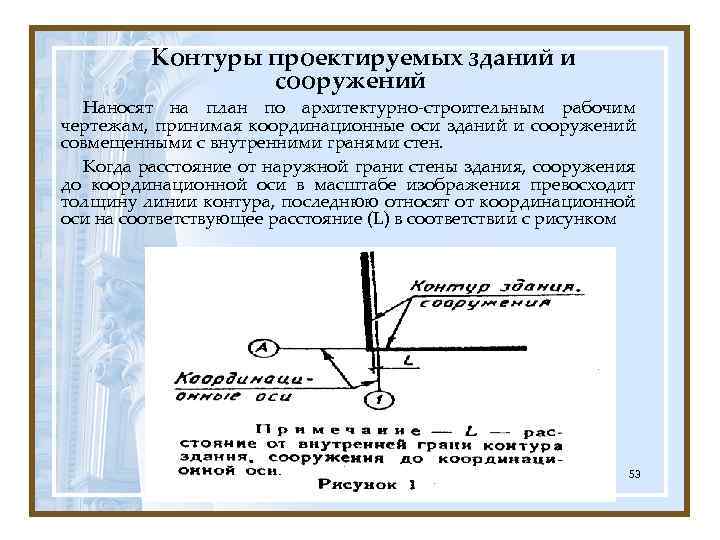 Контуры проектируемых зданий и сооружений Наносят на план по архитектурно-строительным рабочим чертежам, принимая координационные