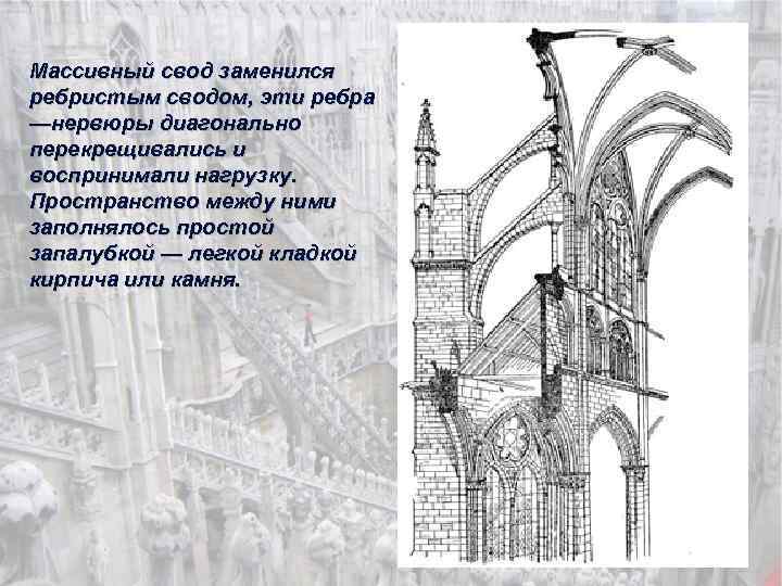 Массивный свод заменился ребристым сводом, эти ребра —нервюры диагонально перекрещивались и воспринимали нагрузку. Пространство