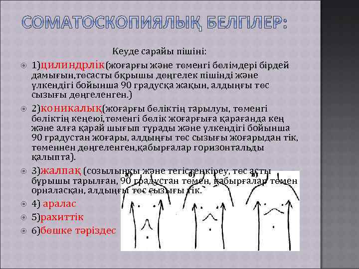  Кеуде сарайы пішіні: 1)цилиндрлік(жоғарғы және төменгі бөлімдері бірдей дамығын, төсасты бқрышы дөңгелек пішінді