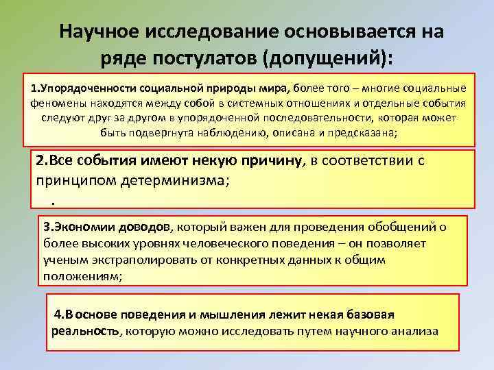  Научное исследование основывается на ряде постулатов (допущений): 1. Упорядоченности социальной природы мира, более