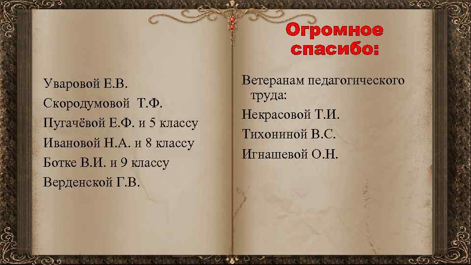 Огромное спасибо: Уваровой Е. В. Скородумовой Т. Ф. Пугачёвой Е. Ф. и 5 классу