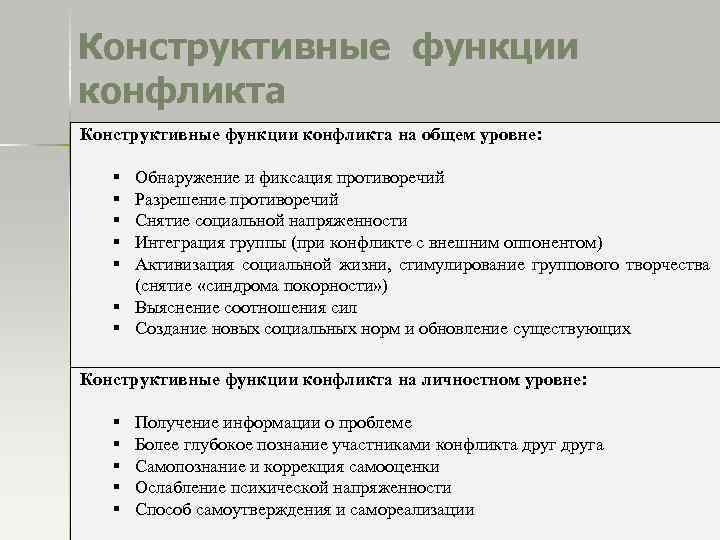Конструктивные функции конфликта на общем уровне: § § § Обнаружение и фиксация противоречий Разрешение
