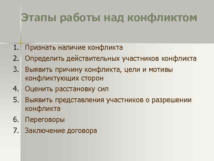 Этапы работы над конфликтом 1. Признать наличие конфликта 2. Определить действительных участников конфликта 3.