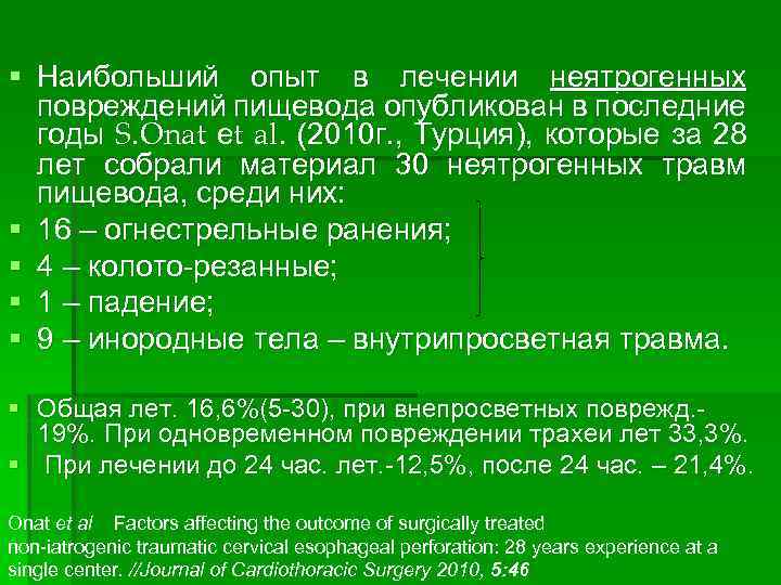 § Наибольший опыт в лечении неятрогенных повреждений пищевода опубликован в последние годы S. Onat