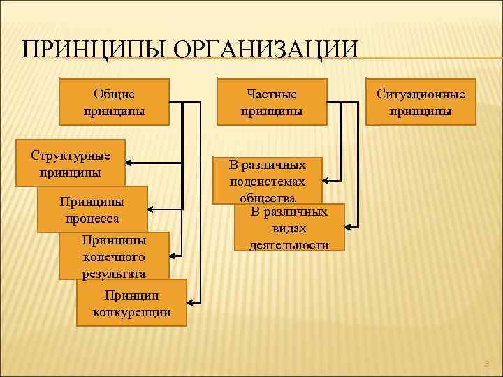 ПРИНЦИПЫ ОРГАНИЗАЦИИ Общие принципы Структурные принципы Принципы процесса Принципы конечного результата Частные принципы Ситуационные