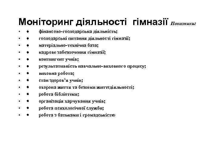 Моніторинг діяльності гімназії Показники: • • • • · фінансово-господарська діяльність; · господарські питання