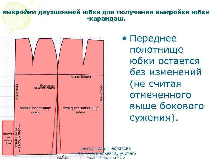 выкройки двухшовной юбки для получения выкройки юбки -карандаш. • Переднее полотнище юбки остается без