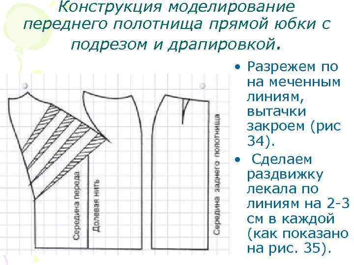 Конструкция моделирование переднего полотнища прямой юбки с подрезом и драпировкой. • Разрежем по на