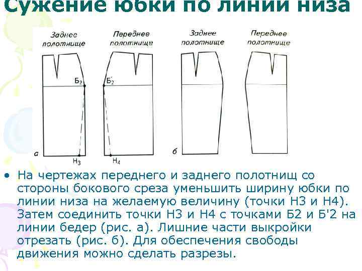 Сужение юбки по линии низа • На чертежах переднего и заднего полотнищ со стороны