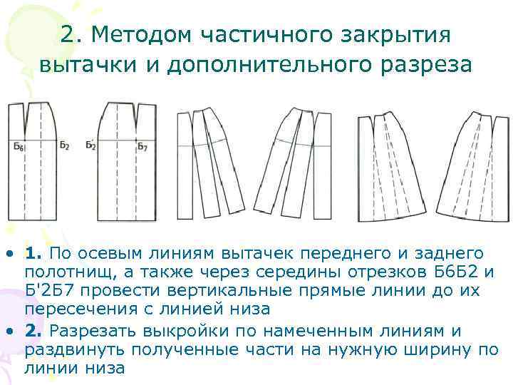 2. Методом частичного закрытия вытачки и дополнительного разреза • 1. По осевым линиям вытачек
