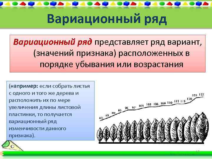 Вариационный ряд представляет ряд вариант, (значений признака) расположенных в порядке убывания или возрастания (например: