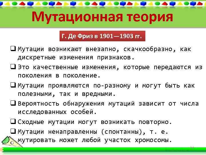 Мутационная теория Г. Де Фриз в 1901— 1903 гг. q Мутации возникают внезапно, скачкообразно,