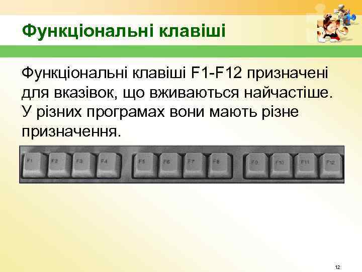 Функціональні клавіші F 1 -F 12 призначені для вказівок, що вживаються найчастіше. У різних