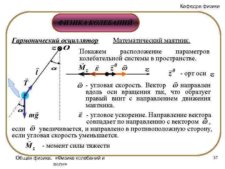 Кафедра физики ФИЗИКА КОЛЕБАНИЙ Гармонический осциллятор Математический маятник. Покажем расположение параметров колебательной системы в