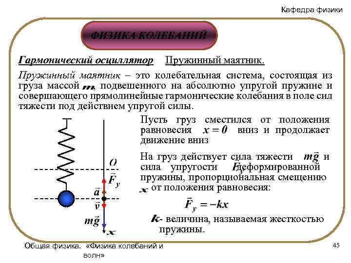 Кафедра физики ФИЗИКА КОЛЕБАНИЙ Гармонический осциллятор Пружинный маятник – это колебательная система, состоящая из