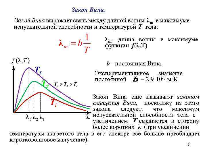 Закон Вина выражает связь между длиной волны λm в максимуме испускательной способности и температурой