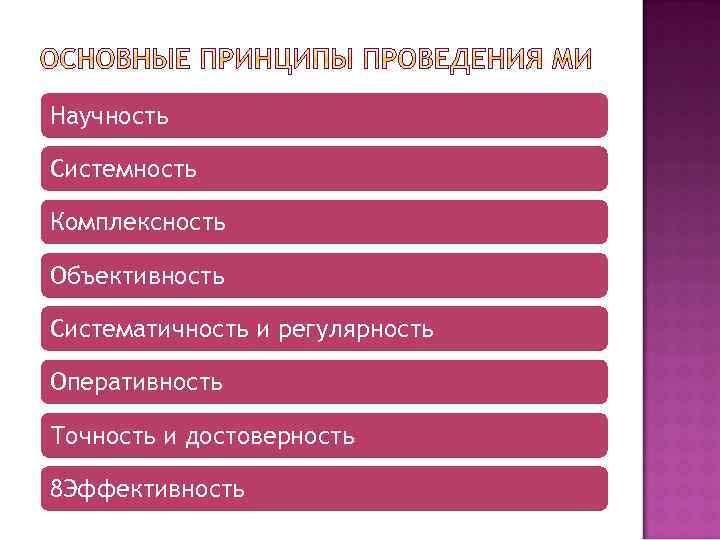 Научность Системность Комплексность Объективность Систематичность и регулярность Оперативность Точность и достоверность 8 Эффективность 