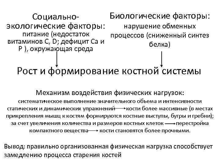 Биологические факторы: Социальнонарушение обменных экологические факторы: питание (недостаток процессов (сниженный синтез витаминов С, D;