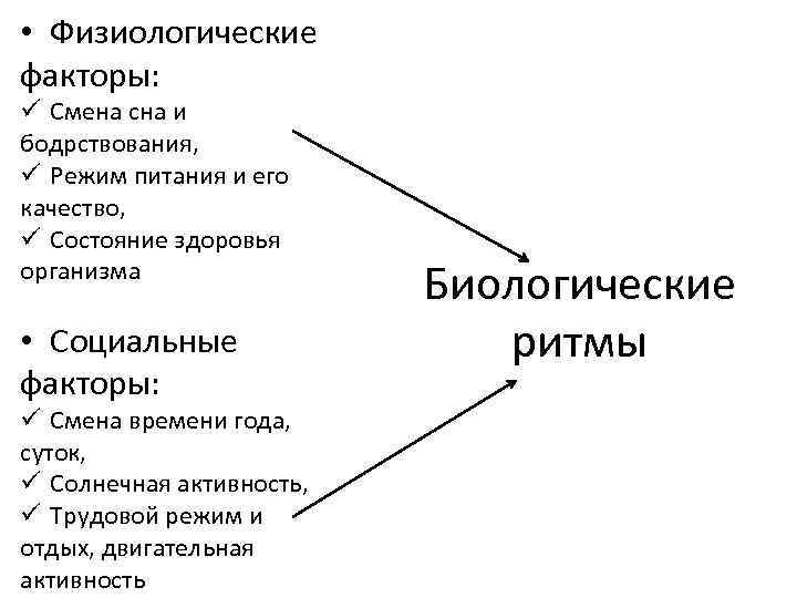  • Физиологические факторы: ü Смена сна и бодрствования, ü Режим питания и его