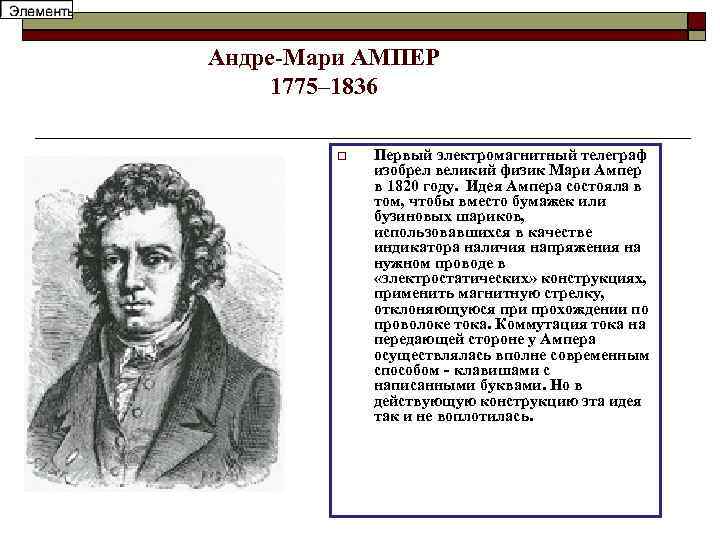 Андре-Мари АМПЕР 1775– 1836 Первый электромагнитный телеграф изобрел великий физик Мари Ампер в 1820