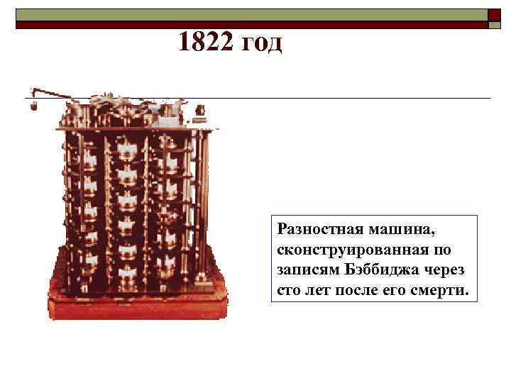 1822 год Разностная машина, сконструированная по записям Бэббиджа через сто лет после его смерти.