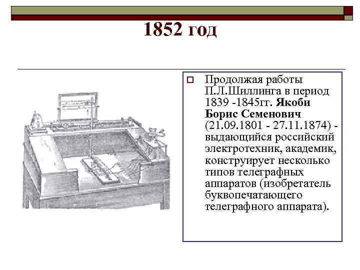 1852 год Продолжая работы П. Л. Шиллинга в период 1839 -1845 гг. Якоби Борис