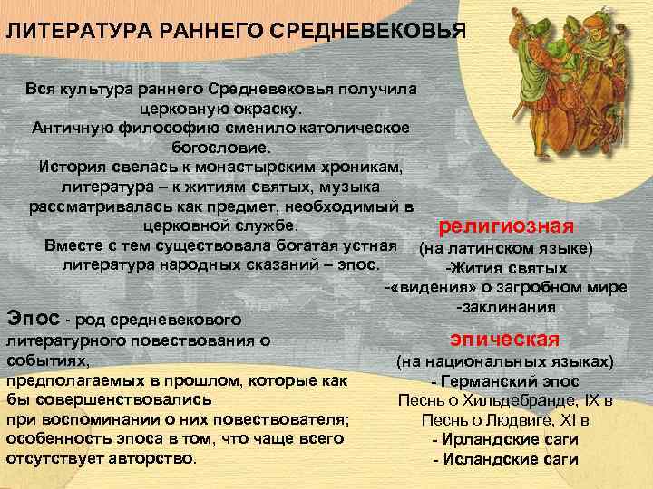 ЛИТЕРАТУРА РАННЕГО СРЕДНЕВЕКОВЬЯ Вся культура раннего Средневековья получила церковную окраску. Античную философию сменило католическое