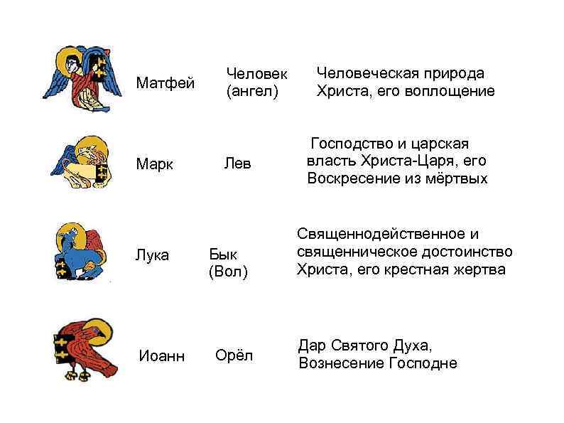 Матфей Марк Лука Иоанн Человек (ангел) Лев Бык (Вол) Орёл Человеческая природа Христа, его