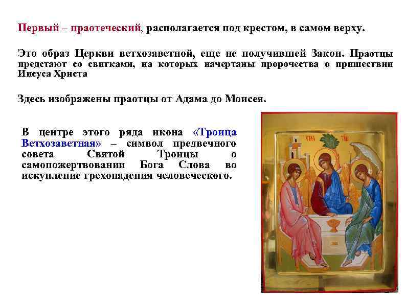 Первый – праотеческий, располагается под крестом, в самом верху. Это образ Церкви ветхозаветной, еще