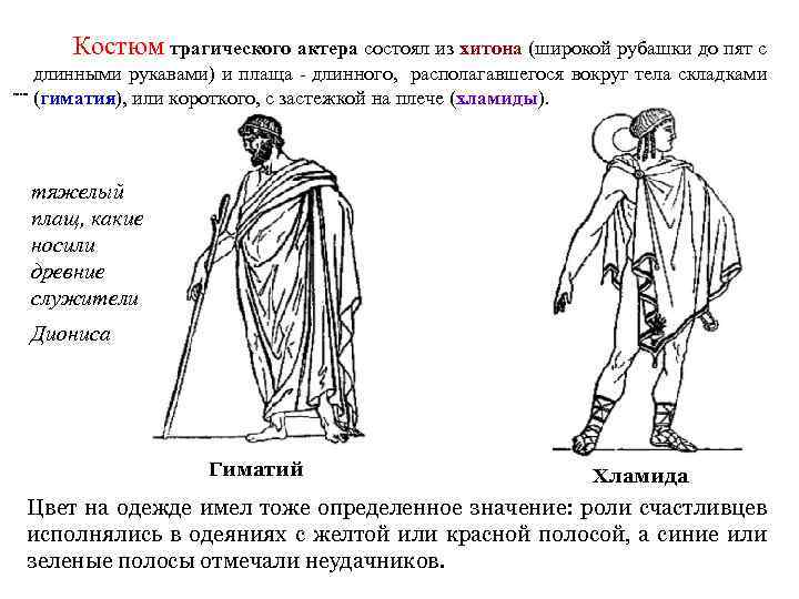 Костюм трагического актера состоял из хитона (широкой рубашки до пят с длинными рукавами) и