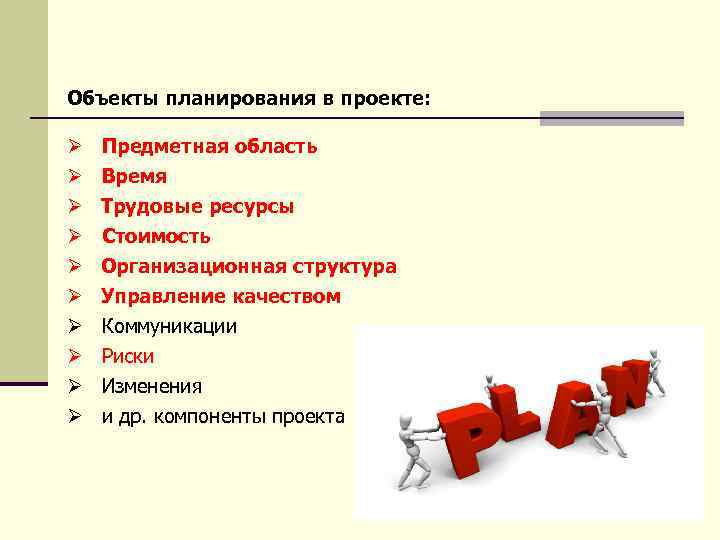 Объекты планирования в проекте: Ø Предметная область Ø Время Ø Трудовые ресурсы Ø Стоимость