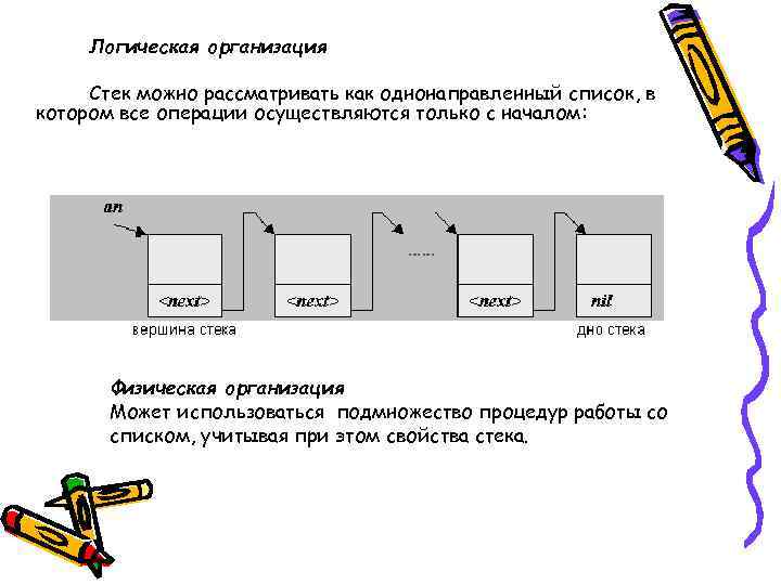 Логическая организация Cтек можно рассматривать как однонаправленный список, в котором все операции осуществляются только