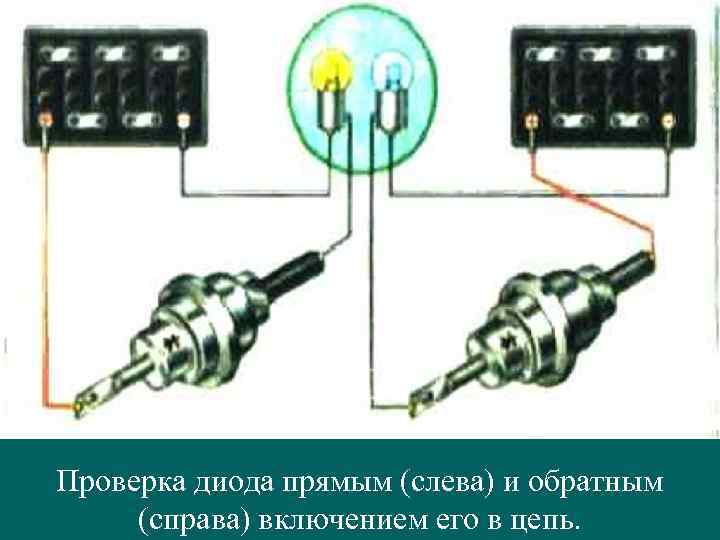 Проверка диода прямым (слева) и обратным (справа) включением его в цепь. 