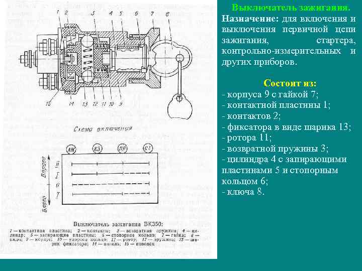 Выключатель зажигания. Назначение: для включения и выключения первичной цепи зажигания, стартера, контрольно-измерительных и других