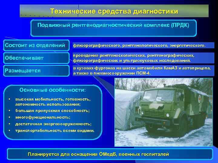 Технические средства диагностики Подвижный рентгенодиагностический комплекс (ПРДК) Состоит из отделений: флюорографического, рентгенологического, энергетического. Обеспечивает