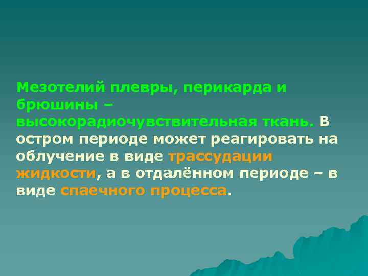 Мезотелий плевры, перикарда и брюшины – высокорадиочувствительная ткань. В остром периоде может реагировать на