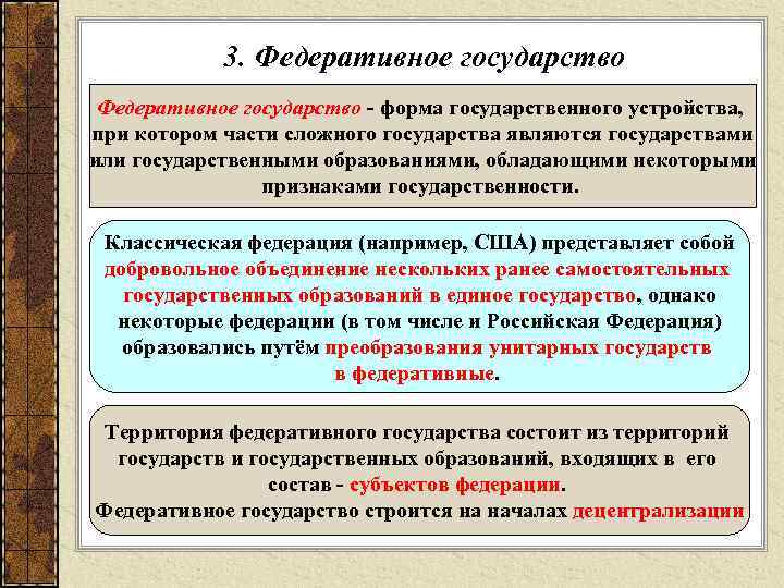 3. Федеративное государство - форма государственного устройства, при котором части сложного государства являются государствами