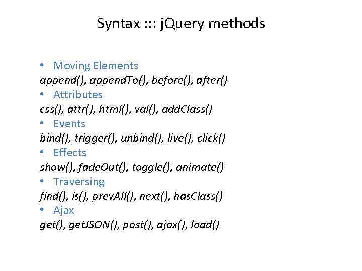 Syntax : : : j. Query methods • Moving Elements append(), append. To(), before(),