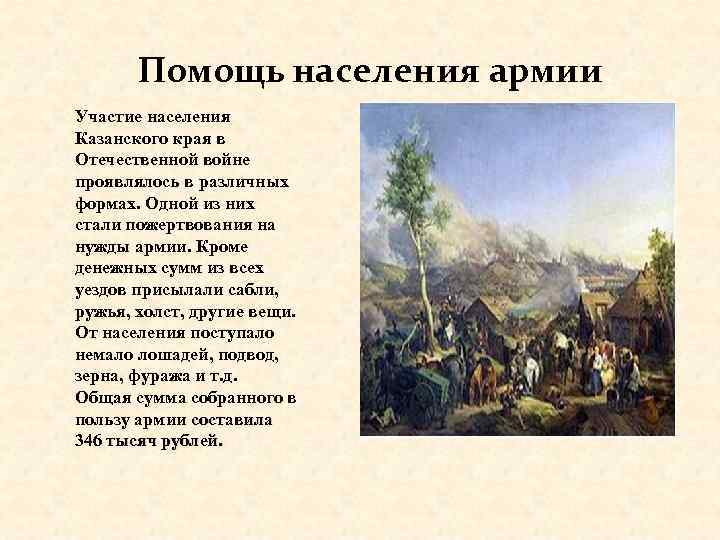 Помощь населения армии. Участие населения Казанского края в Отечественной войне проявлялось в различных формах.