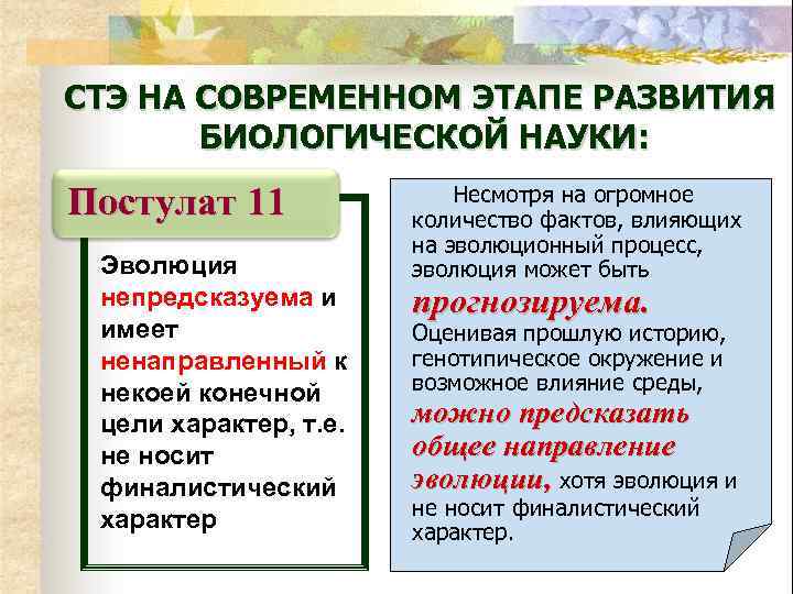 СТЭ НА СОВРЕМЕННОМ ЭТАПЕ РАЗВИТИЯ БИОЛОГИЧЕСКОЙ НАУКИ: Постулат 11 Эволюция непредсказуема и имеет ненаправленный