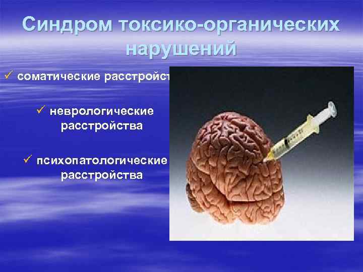 Синдром токсико-органических нарушений ü соматические расстройства ü неврологические расстройства ü психопатологические расстройства 