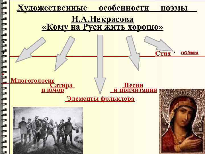 Художественные особенности. Художественные особенности поэмы кому на Руси жить хорошо. Художественные особенности поэмы Некрасова кому на Руси жить хорошо. Художественное своеобразие поэмы Некрасова кому на Руси жить. Особенности языка поэмы кому на Руси.