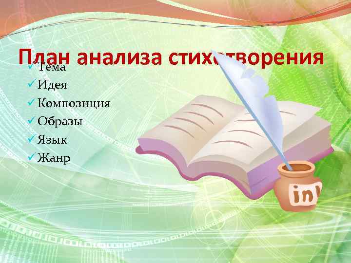 План анализа стихотворения ü Тема ü Идея ü Композиция ü Образы ü Язык ü