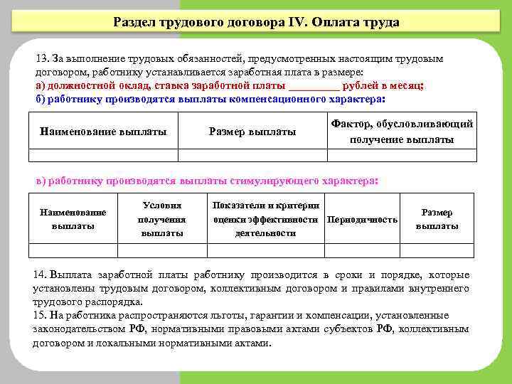Раздел трудового договора IV. Оплата труда 13. За выполнение трудовых обязанностей, предусмотренных настоящим трудовым