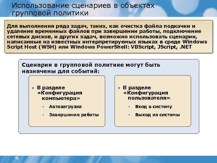 Использование сценариев в объектах групповой политики Для выполнения ряда задач, таких, как очистка файла