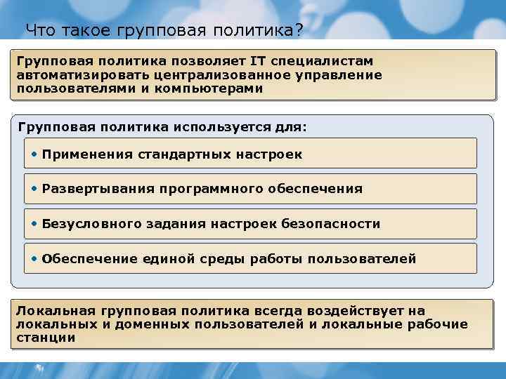 Что такое групповая политика? Групповая политика позволяет IT специалистам автоматизировать централизованное управление пользователями и