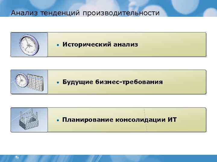 Анализ тенденций производительности • Исторический анализ • Будущие бизнес-требования • Планирование консолидации ИТ 